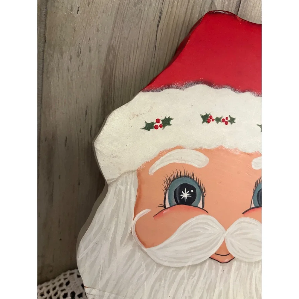 Vintage 1987 Hand Painted Wood Santa Claus Face Wall Hanging Folk Art Decor
